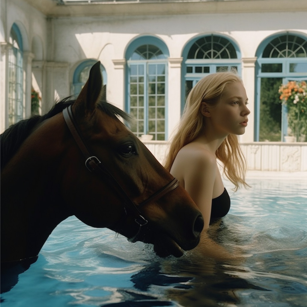 Horse in the pool - Foto realizada con Inteligencia Artificial por la fotógrafa Noah Pharrell junto a Enri Mür Studio.