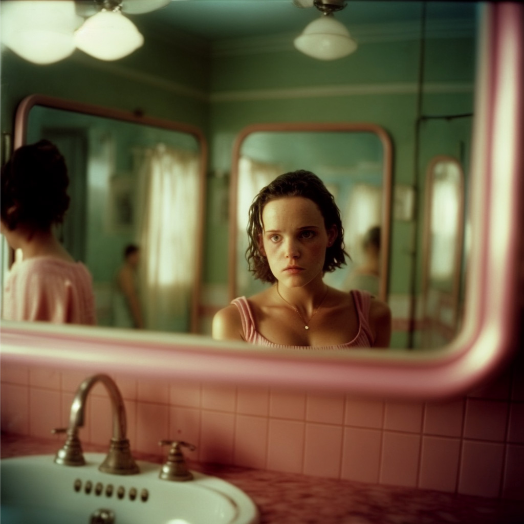 Woman looking at the mirror - Foto realizada con Inteligencia Artificial por la fotógrafa Noah Pharrell junto a Enri Mür Studio.