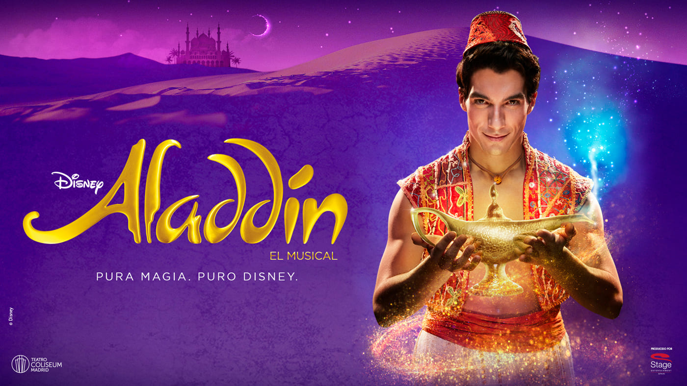 Cartel del musical de Aladdin (Disney) elaborado por Enri Mür Studio, producido por Stage Entertainment y fotografía de Cristina López