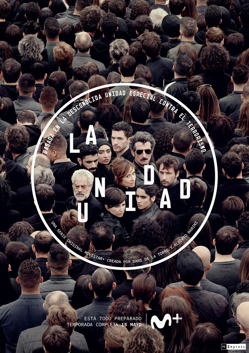 Cartel principal y retratos de personajes elaborados por José Haro para la serie "La unidad" emitida en Movistar+ .